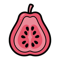Half guava fruit illustration pink color with seeds and stem on white.