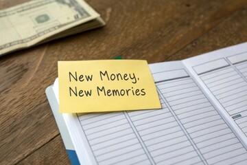 Inspirational note about money management laying on a table with a notepad and a dollar bill in the background for financial concepts