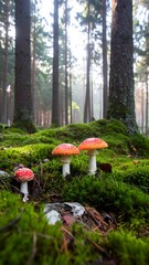 Red mushrooms in a misty forest