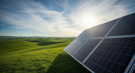  A large, elegant solar panel is angled towards the sun, taking up the right side of the frame. The left side is a vast, untouched, rolling green landscape under a wide blue sky.