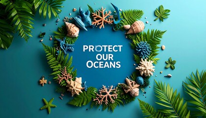 Circle of sea life and foliage, centered text "PROTECT OUR OCEANS