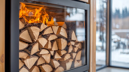 Warm fire burning in a modern glass-fronted wood stove