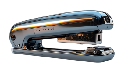 Modern stapler, chrome and gray, angled view