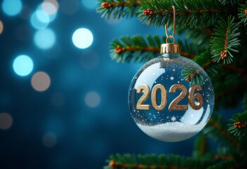 Christmas glass ball with 2026 number of New Year's Celebration. Text space