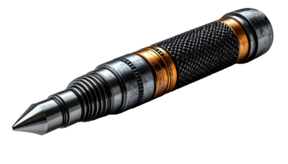 Futuristic, metallic pen-like object angled on a black background