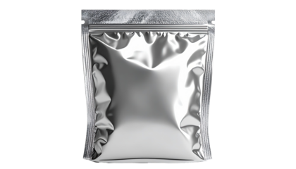Silver foil pouch, isolated on black background.  Flat lay, front view