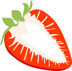 Illustration of a half-cut strawberry with green leaves. Bright and fresh design, ideal for food, fruit, health, and nutrition concepts.