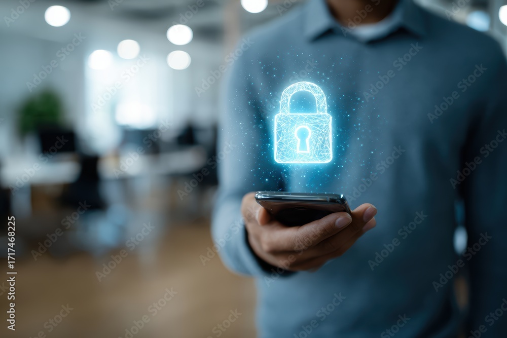 Poster cyber security: a close-up shot captures the essence of data protection, featuring a digital padlock