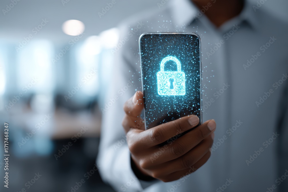 Poster digital fortress: an individual holds a sleek smartphone showcasing a digital padlock icon, represen