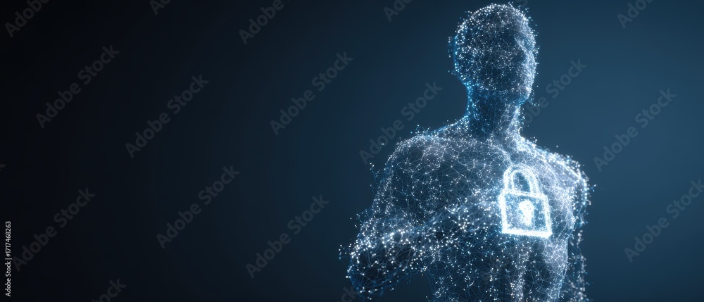 Poster digital sentinel: an ethereal digital entity embodies protection, a glowing padlock at its core repr