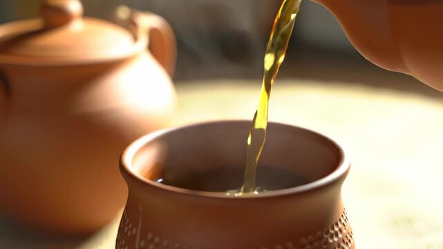 Close-up of terracotta teapot pouring tea into cup on table, tea time concept, earthenware pottery set.