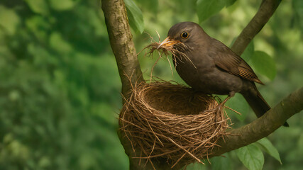 Ein Zuhause entsteht - Vogel mit Gras und d&uuml;nnen Zweigen im Schnabel beim Nestbau in der Natur mit Wald im Hintergrund und Freifl&auml;che