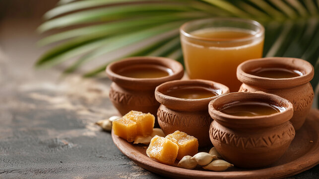 Jaggery cubes and syrup in traditional clay pots.