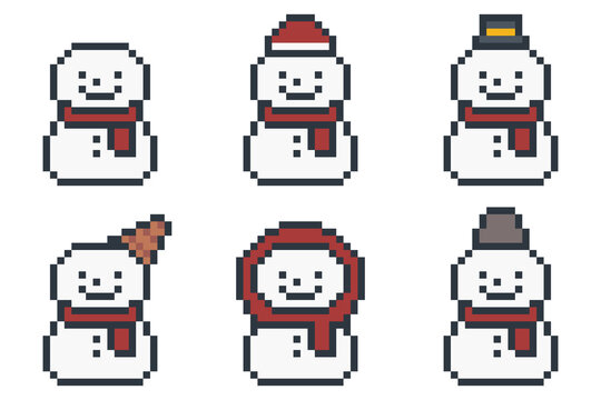 8-bit pixel art snowman with various hat icon set