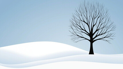 Winter scene: Bare tree silhouetted against a pale blue sky over snow-covered hills