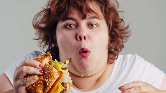 Close up woman eating juicy cheeseburger, surprised facial expression, delicious fast food craving, binge eating concept, unhealthy junk meal, emotional eating, appetite satisfaction, lifestyle portra