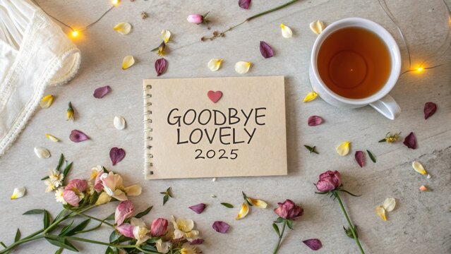 Heartfelt farewell note with flowers and tea for a lovely 2025 connection and sentiment on a stylish surface background