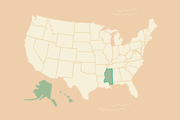 US Map with Mississippi Highlighted in Green united states map of