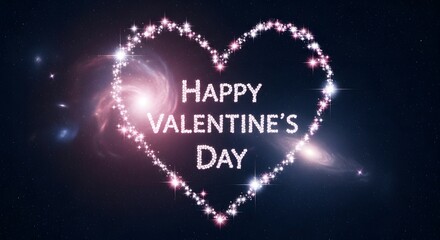 Sparkling heart shape with happy valentines day text in a cosmic background