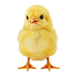 Adorable fluffy yellow baby chick standing against white background
