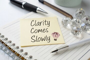 Inspirational note with the message 'Clarity Comes Slowly' on a notepad beside decorative crystals and pens for motivation or self-growth