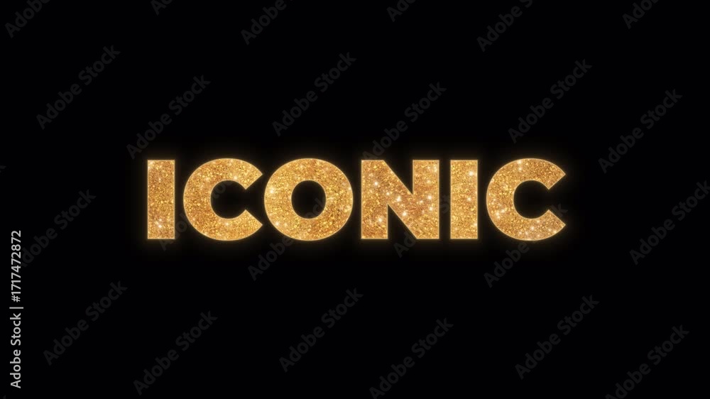 Poster the word iconic rendered in a luxurious gold glitter texture with a sparkling effect and a soft glow