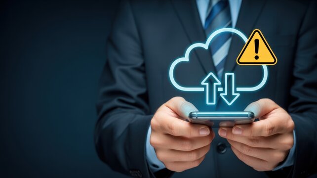 Data Cloud Problem: A professional holds a smartphone, the device is projecting cloud symbol with exclamation warning sign, symbolizing data security breach or server alert.