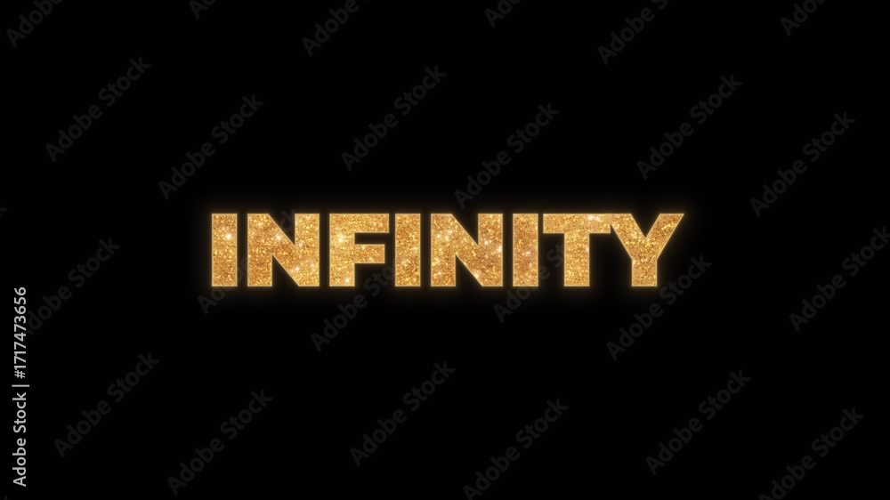 Poster the word infinity in a shiny gold glitter texture, sparkling and glowing with a luxurious feel. isol