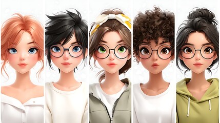 Stylized anime-style portraits of young people with large expressive eyes and glasses.
