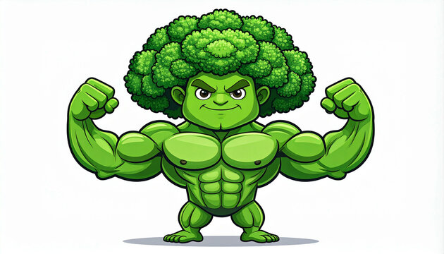 Muscular broccoli cartoon character flexing biceps, showcasing strength and healthy eating.