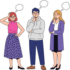 Thinking people illustration, cartoon characters, man and women confused, brainstorming, decision making, thought bubble, flat vector design, problem solving