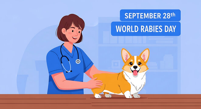 Veterinarian examines a happy dog for world rabies day celebration - Powered by Adobe