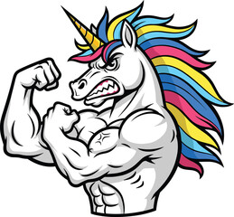 Strong muscular unicorn cartoon character flexing arms, fantasy mythical creature illustration, rainbow mane artwork, powerful animal design, bodybuilding mascot drawing