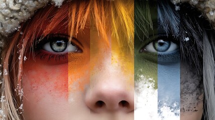 close-up portrait of a person with face divided into bright colorful sections representing seasons