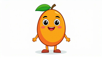 A smiling cartoon mango character with arms, legs, and a green leaf, standing.