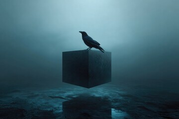 raven perched on floating cube in dark foggy room, surreal clean composition