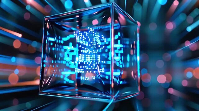 Abstract Glass cube rotating with glowing lights and data transferring, representing concepts like data storage, processing, and futuristic technology - Powered by Adobe