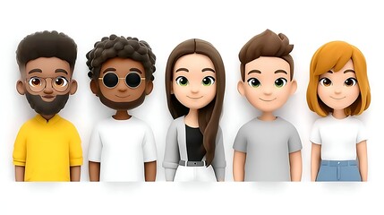 lineup of five 3D cartoon characters in modern casual clothing.