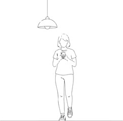 Person Walking While Looking at Smartphone Line Art
