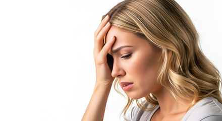 Fototapeta premium Woman experiencing headache, stress, pain, despair IA