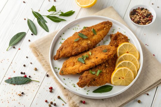 Delicious Indian Crispy Golden Bombil Fry  with Lemon  in a white plate top down view with white background