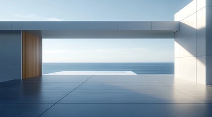 Modern architectural structure with open view to the ocean and clear sky