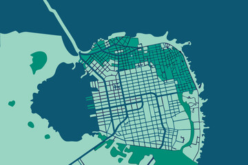 Stylized San Francisco City Map with Waterways and Parks urban street grid map of