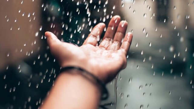 Hand catching raindrops close up, human palm open under rainfall, water droplets falling in slow motion, refreshing weather nature scene, monsoon season concept, touch of rain outdoor atmosphere backg