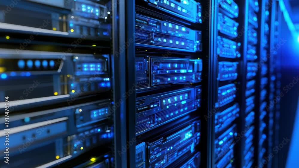 Aufkleber dynamic video of a data center with a low-angle view, showcasing rows of illuminated servers, emphas
