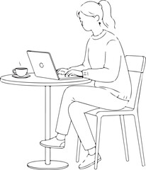 Woman Working on Laptop at Café Table Line Art