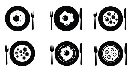 Black and white illustration of pizza and fried eggs with cutlery
