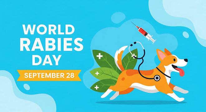 Happy dog celebrates world rabies day with vaccination and stethoscope