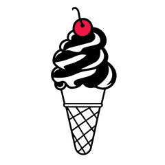 Ice cream cone with chocolate soft serve and a cherry on top in a waffle cone illustration