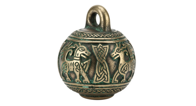 Detailed shot of a bronze viking pendant, featuring intricate animal motifs and a loop for attachment, isolated on transparent background